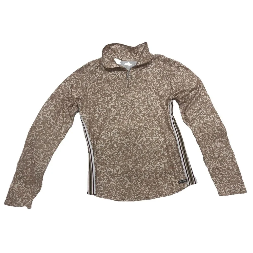 ATHLETA Quarter Zip Athletic Top Tan Cream Damask Print Striped Made In US Sz M - Picture 4 of 8